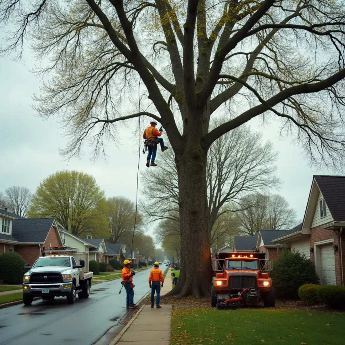 Crew pruning subdivision trees in Sterling Heights, Michigan