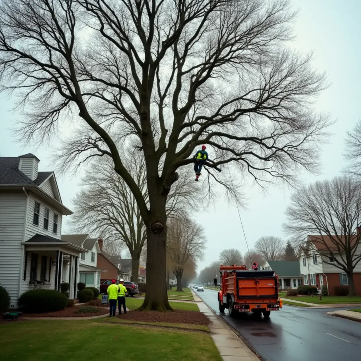Tree crew removing a wind-damaged tree near the Detroit River in Trenton, Michigan