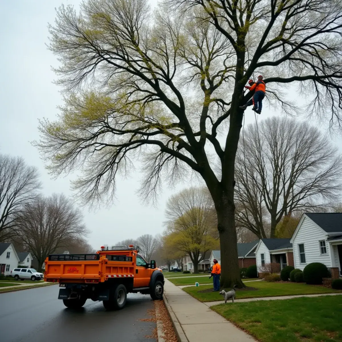 Tree removal crew working in a Warren, Michigan residential neighborhood