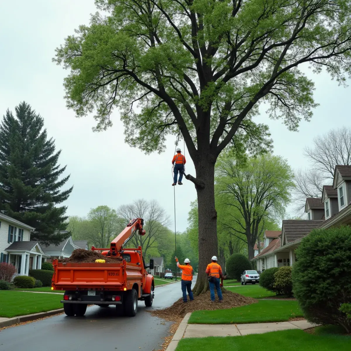 Crew trimming subdivision shade trees in Woodhaven, Michigan