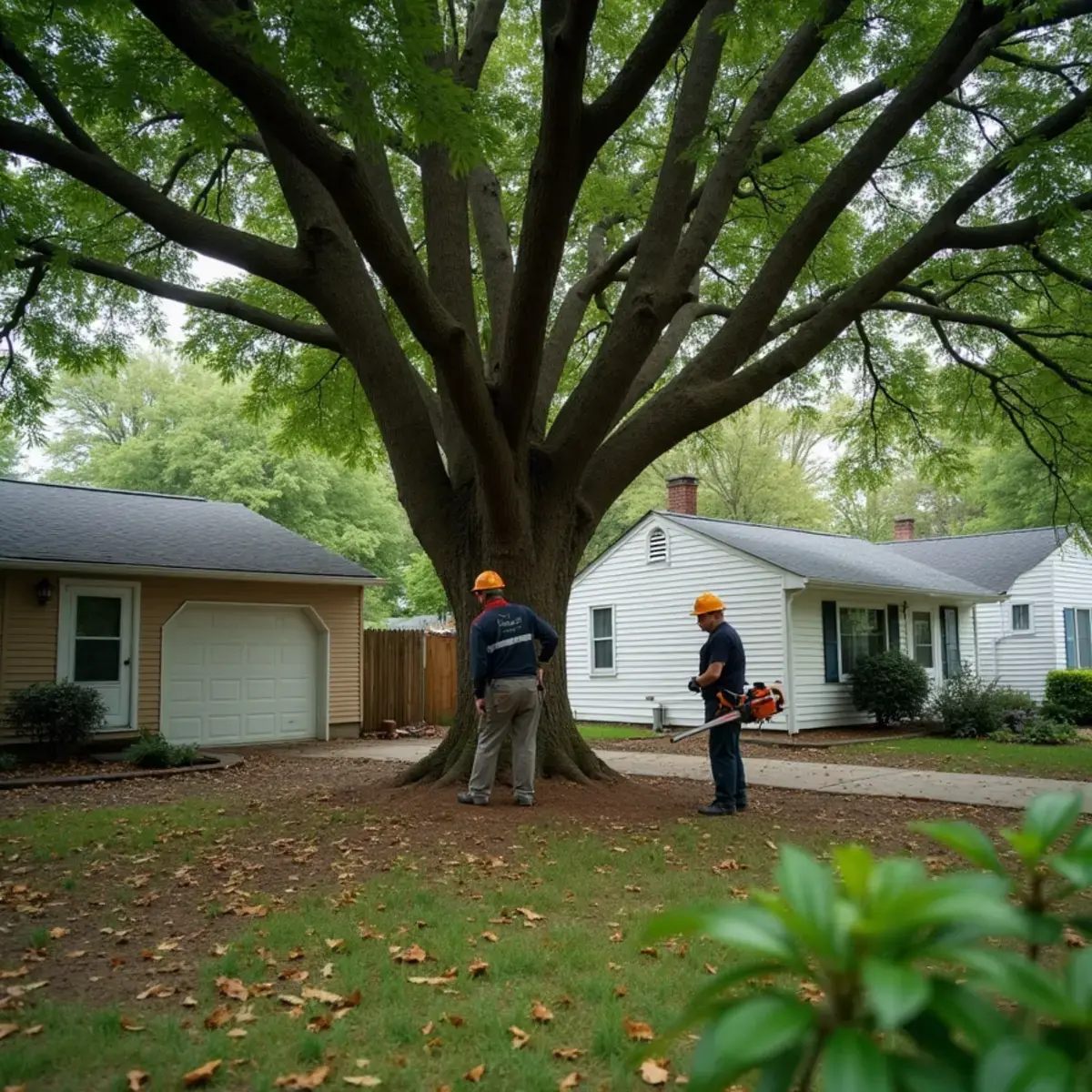 Large mature silver maple shading a back yard behind a home in Wyandotte, Michigan