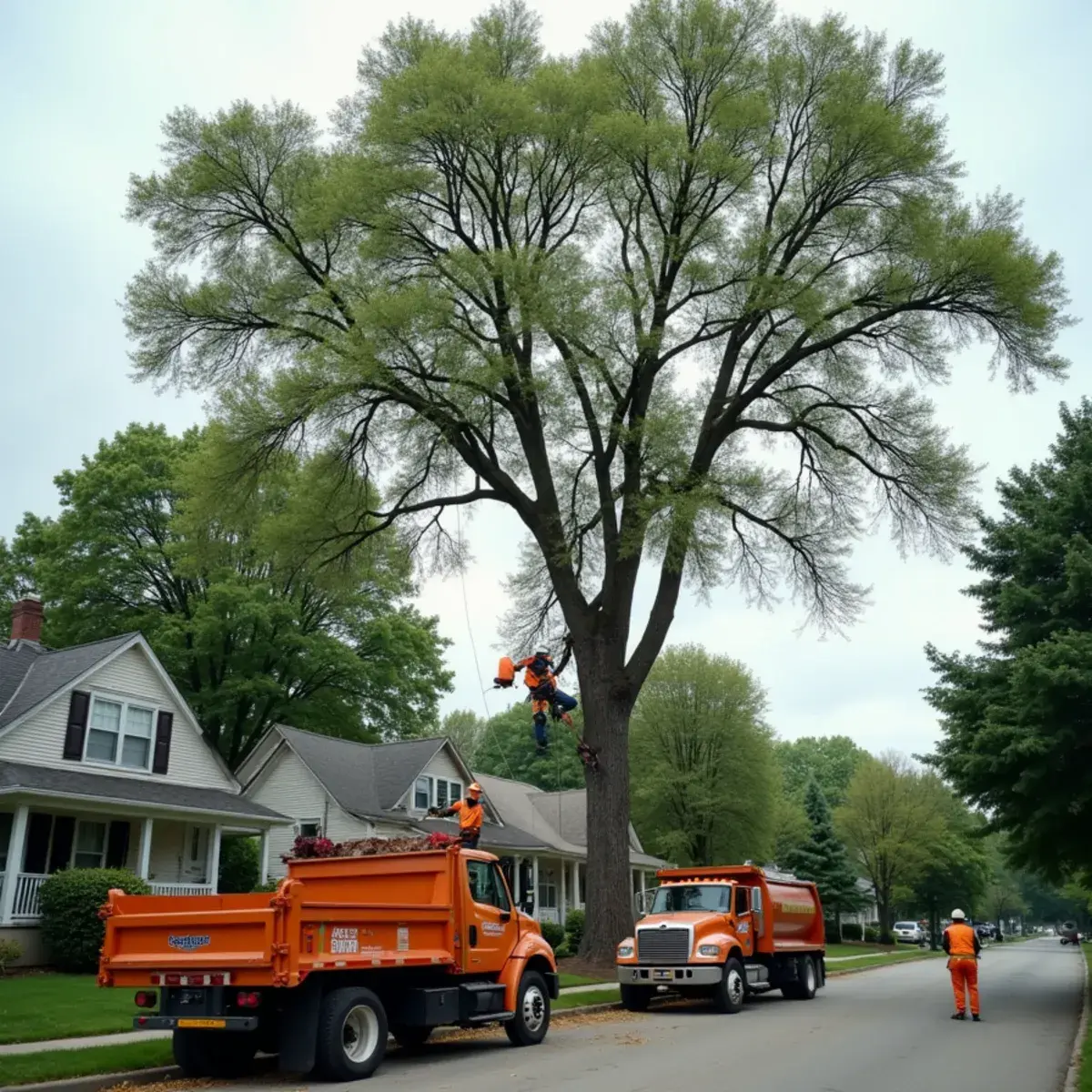 Climber rigging a limb out of a mature street tree on a narrow Wyandotte, Michigan lot
