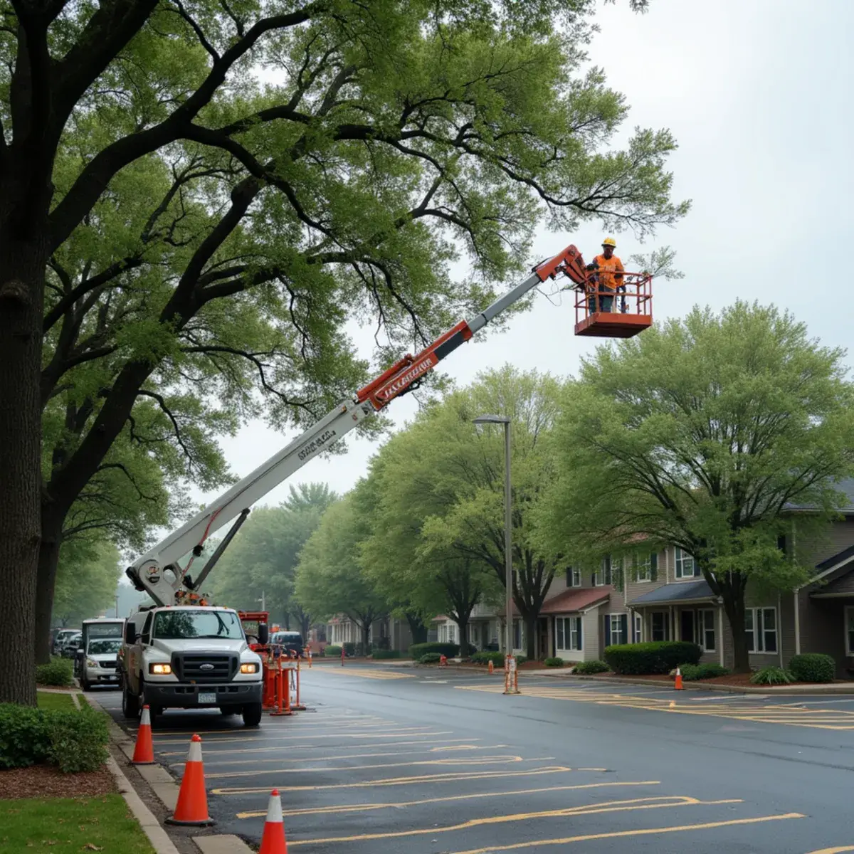 Crew raising the canopy over a Michigan commercial parking lot