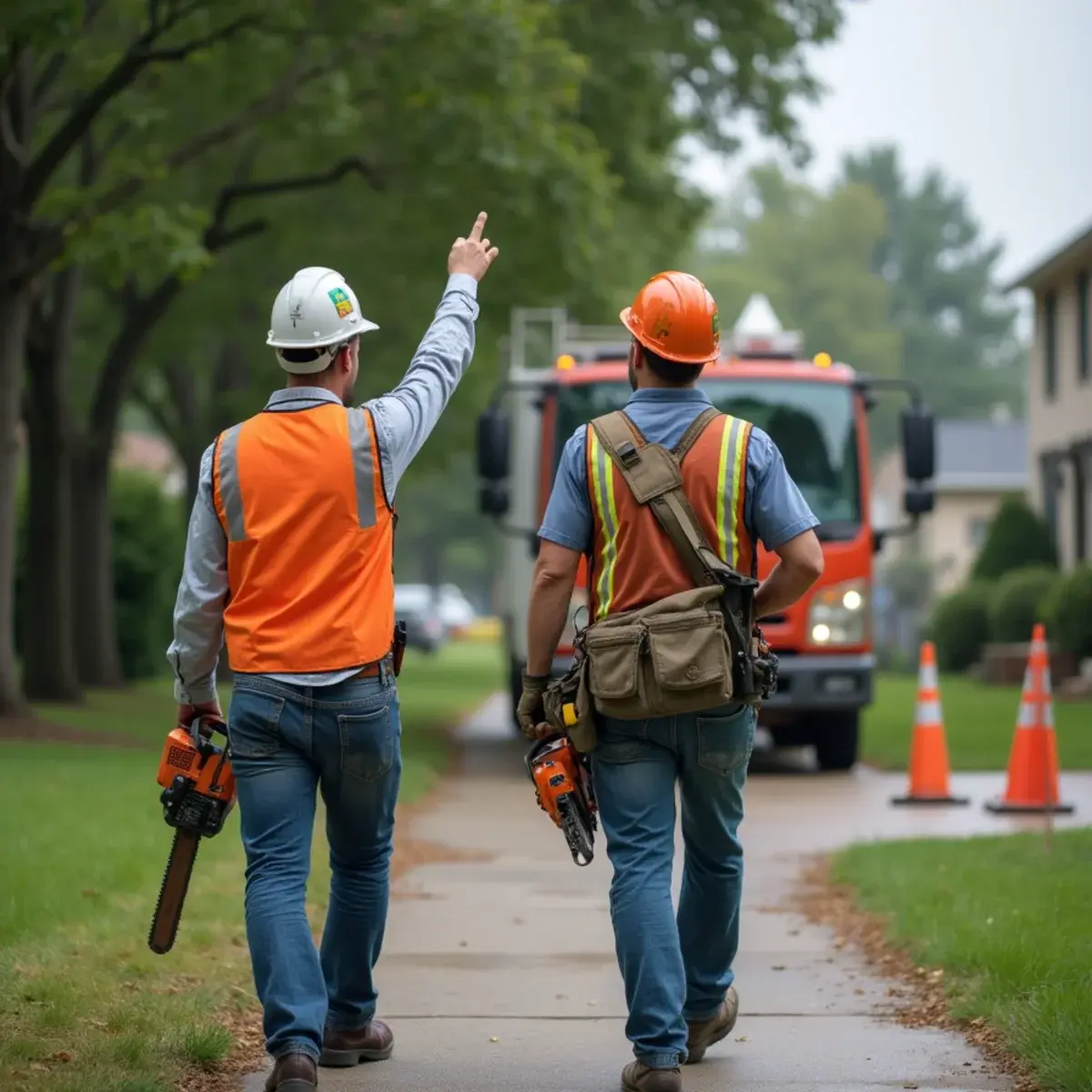 Property manager and arborist reviewing tree work on a Michigan commercial site