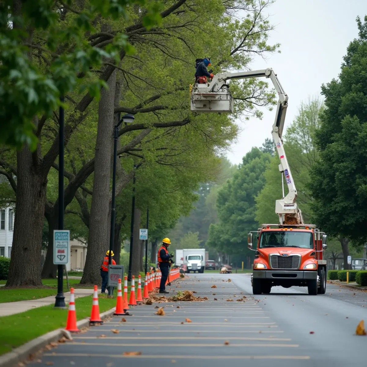 Commercial tree crew trimming parking lot trees at a Michigan retail property