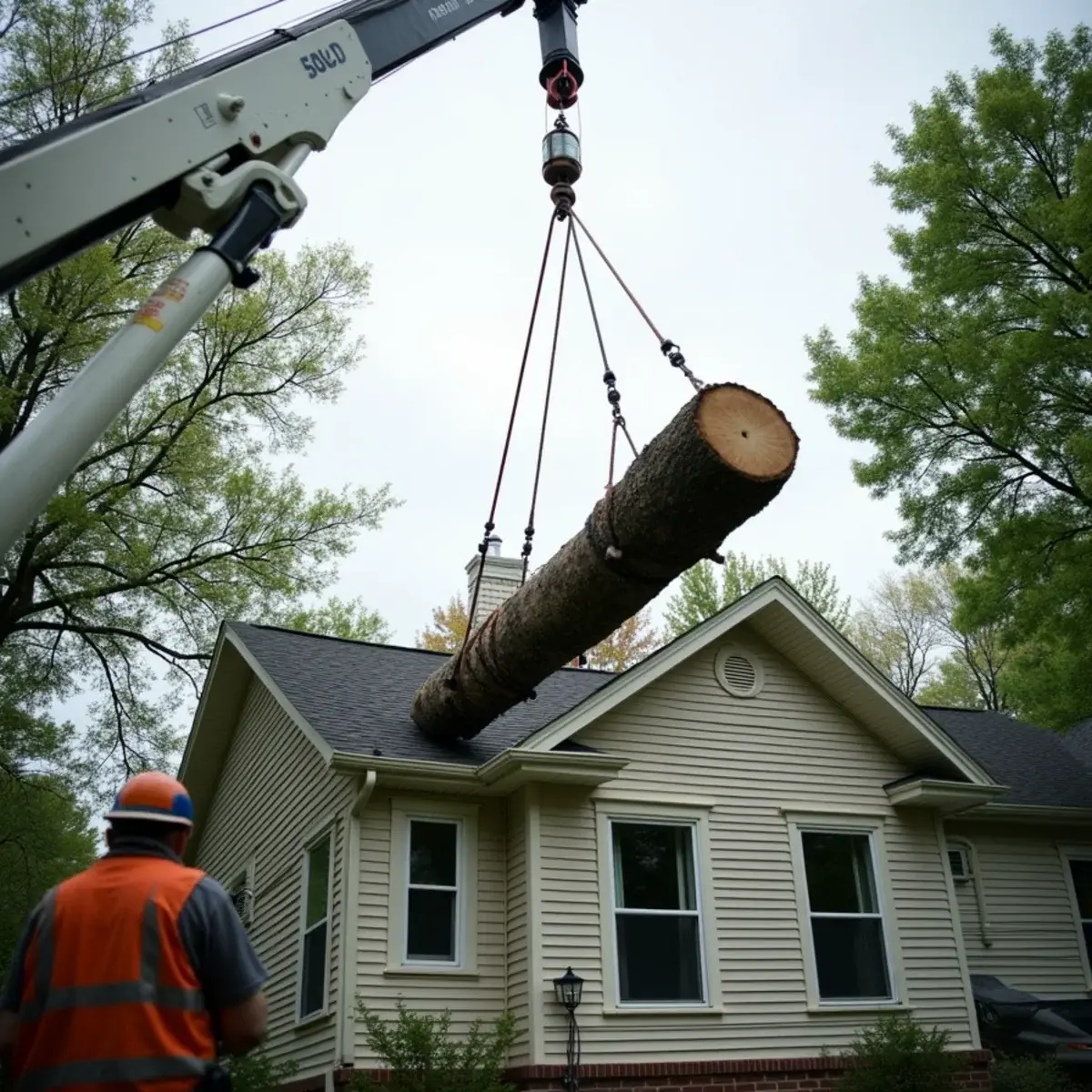 Crane lifting a heavy trunk section clear over a Michigan rooftop
