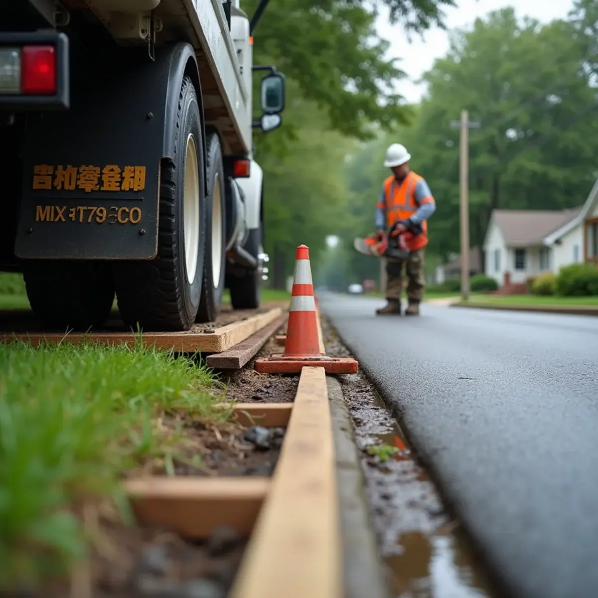 Crane outriggers set on ground protection mats on a Michigan residential street