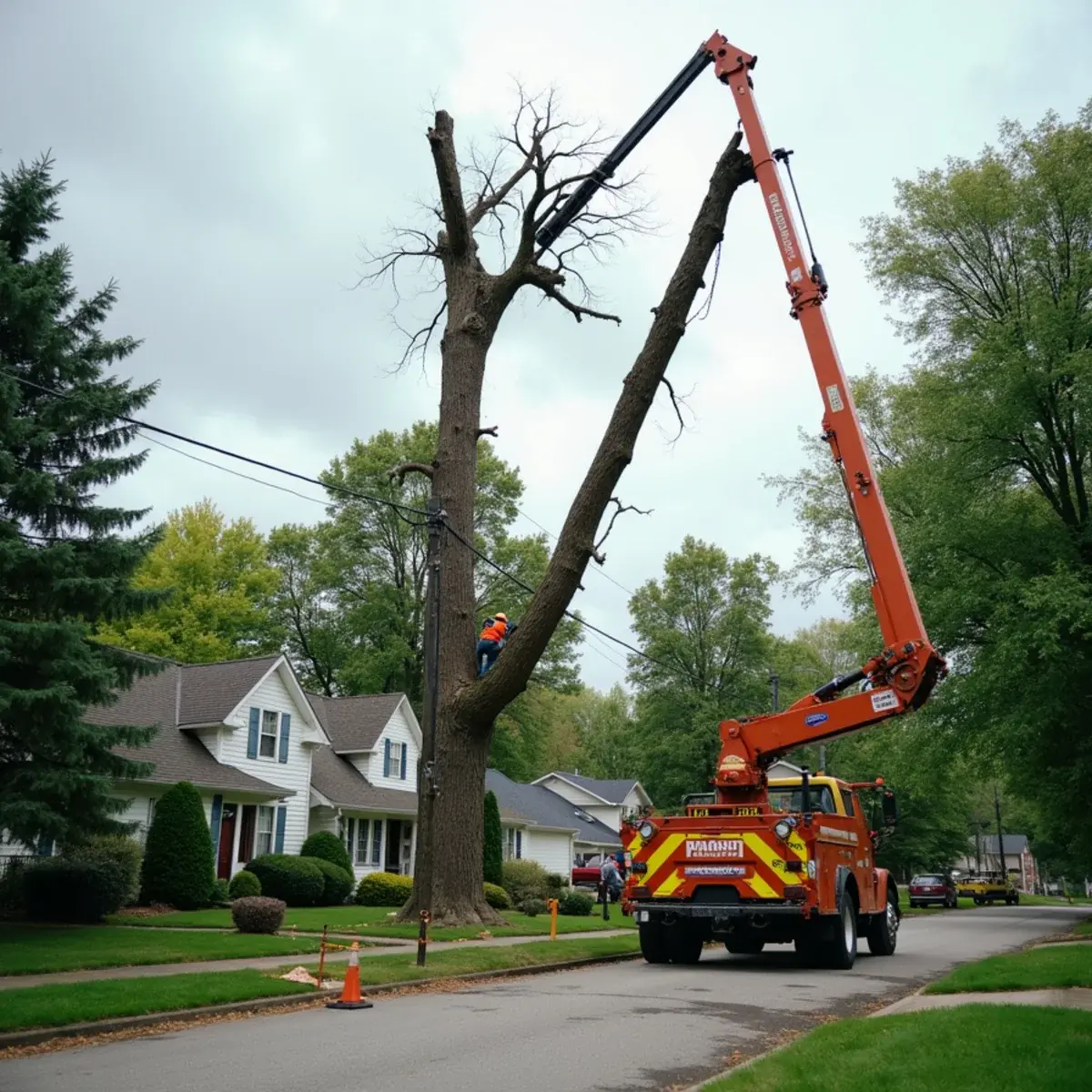 Crane lifting a large section of tree trunk out of a tight Michigan backyard