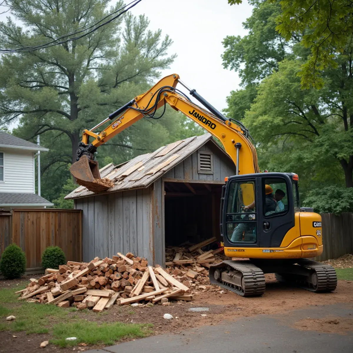 Excavator carefully taking down an old garage at a Michigan property