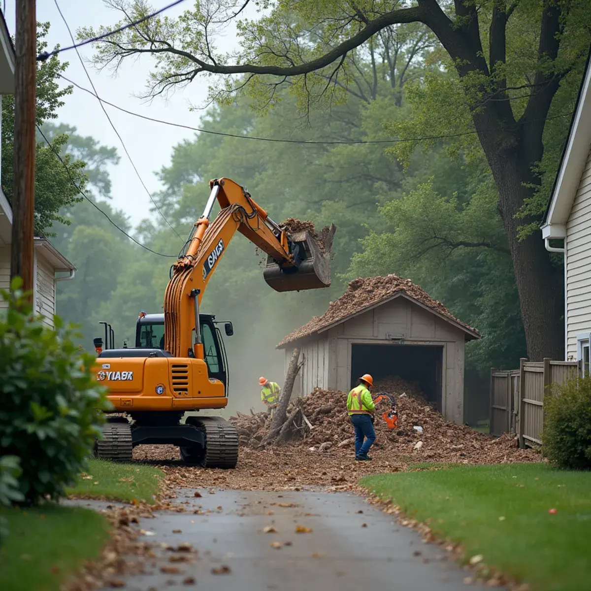 Demolition crew removing an exterior wall section at a Michigan residential property