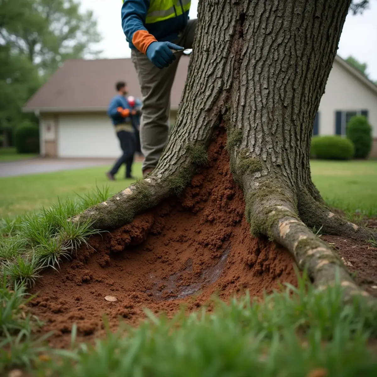 Lifted root plate and cracked soil at the base of a hazardous leaning Michigan tree