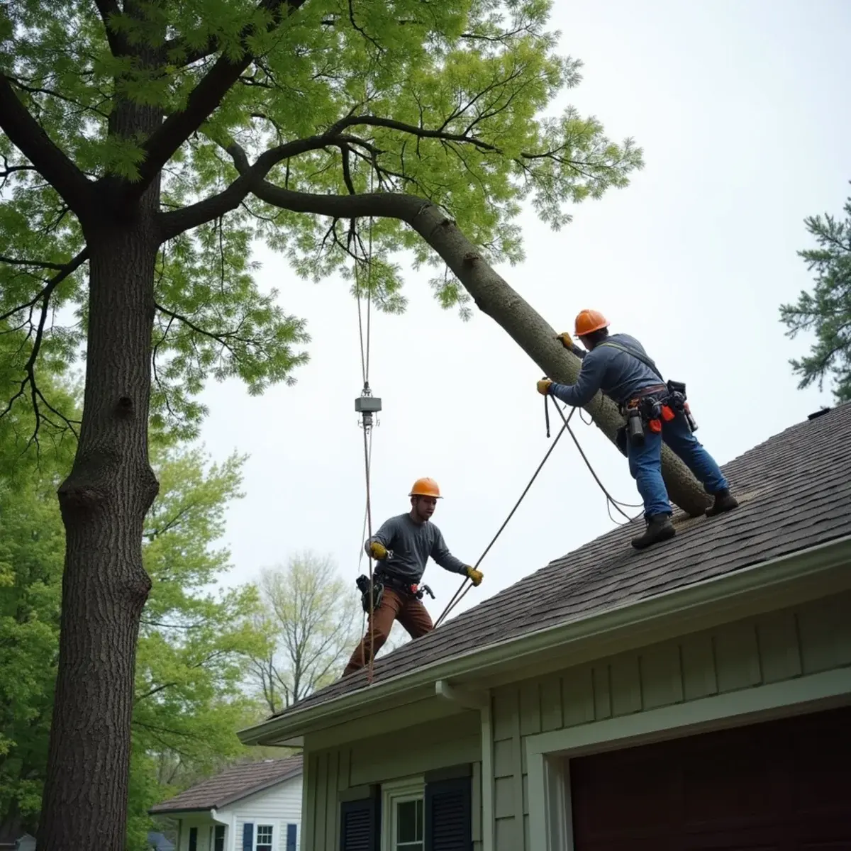 Rigging rope guiding a heavy limb away from a Michigan home during a hazardous removal