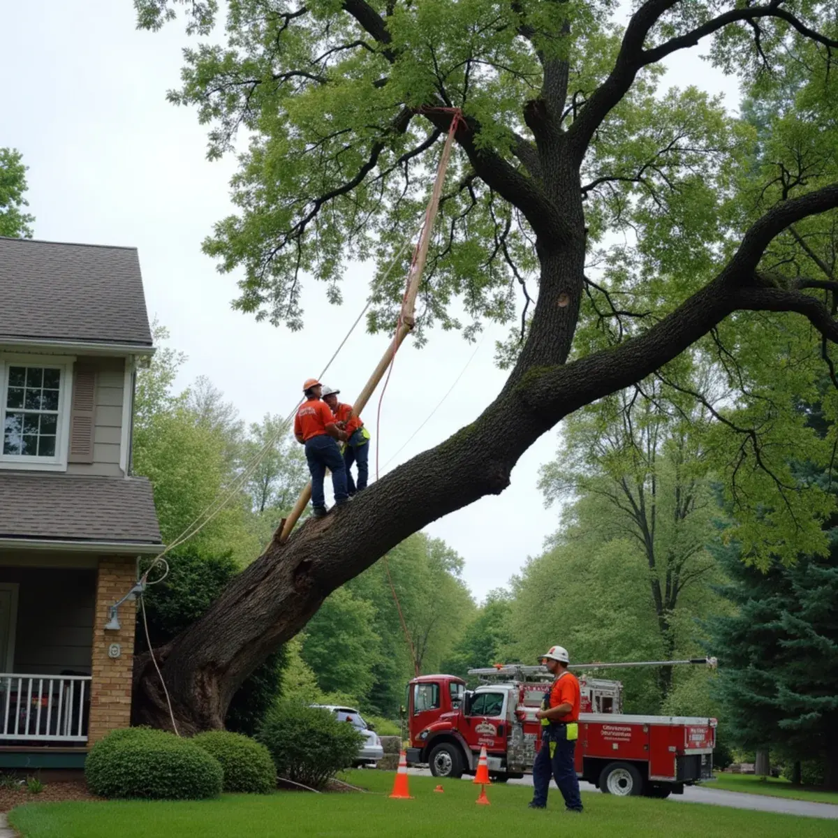 Climber rigging down a dead hazardous tree leaning over a garage in Michigan