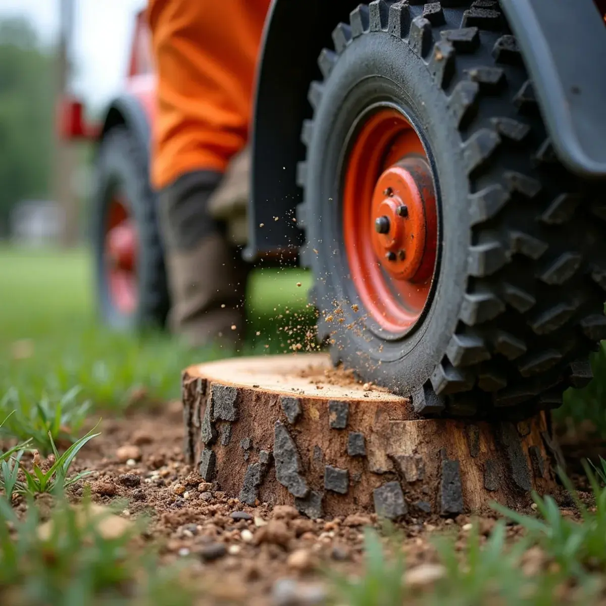 Close-up of a stump grinder cutting wheel taking a large Michigan stump below grade