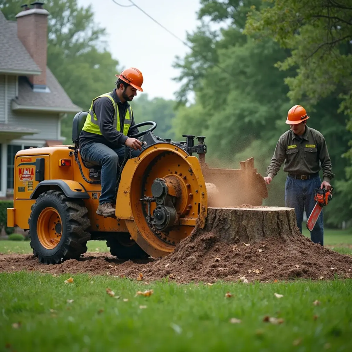 Stump grinder reducing a large maple stump below grade in a Michigan back yard