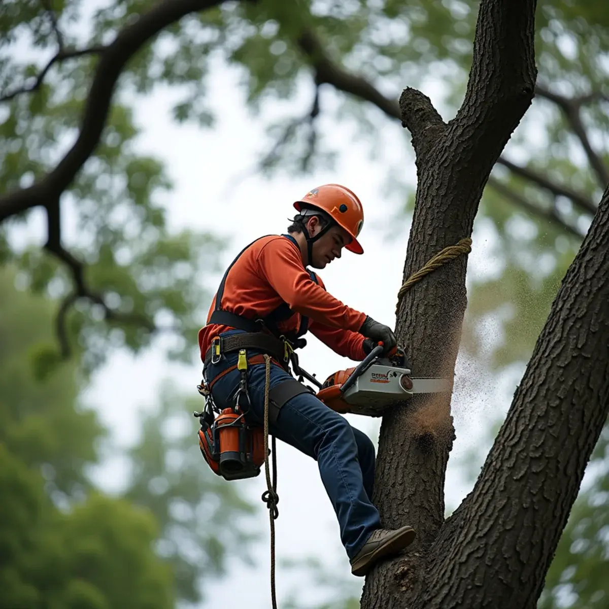 Climber cutting a large limb in a controlled section during a Michigan tree removal