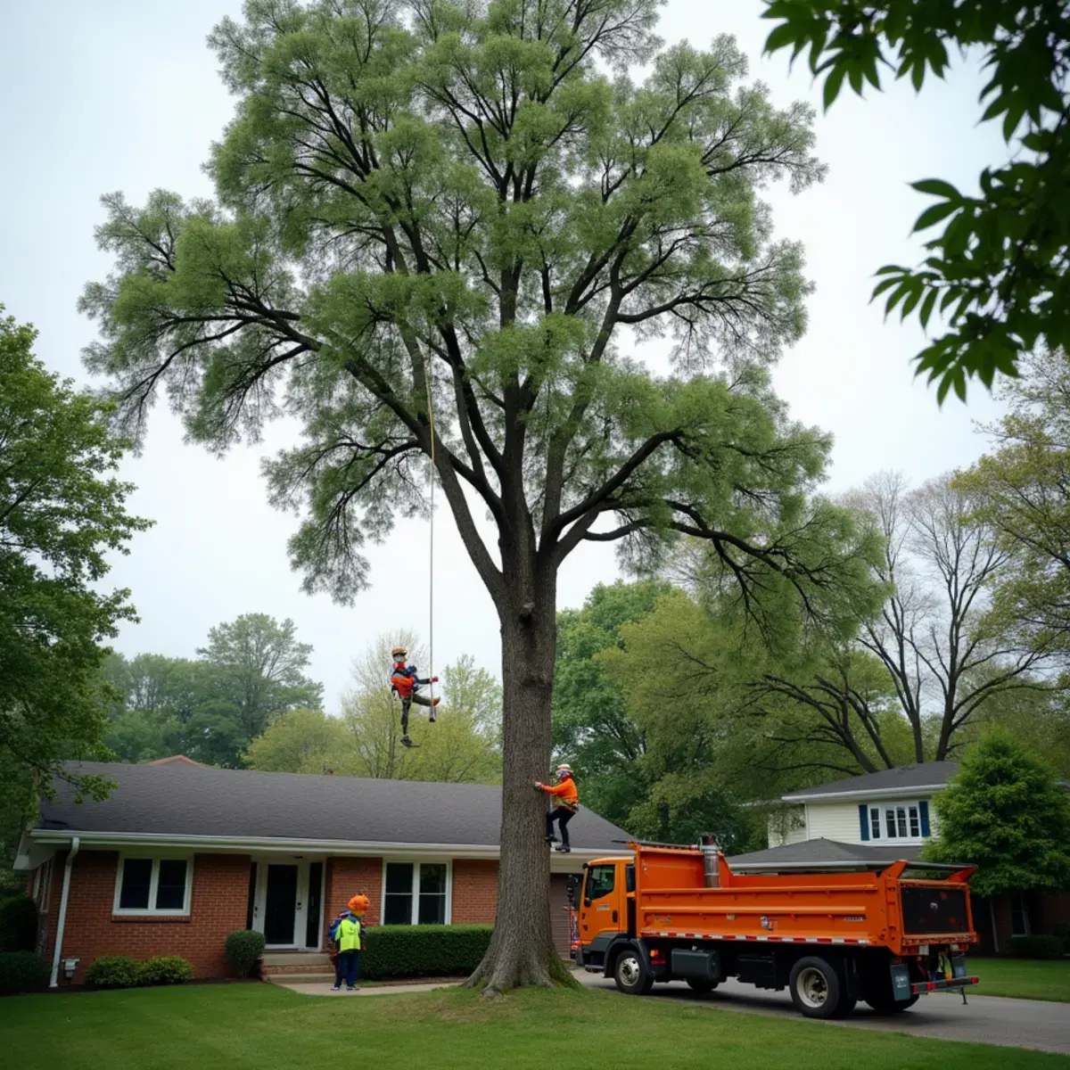 Tree removal crew rigging down a large maple behind a Southgate, Michigan home
